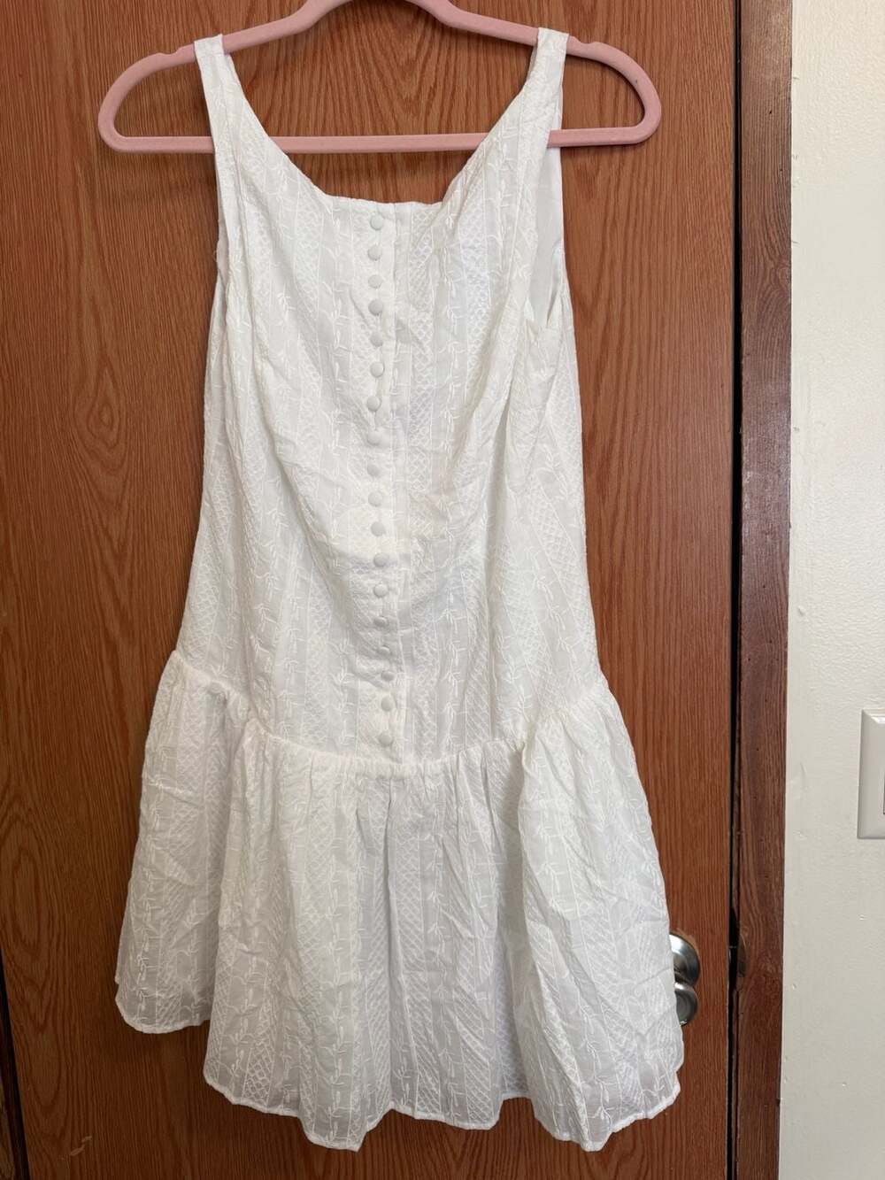 RIHOAS White Jacquard Button Front Drop Waist Mini Dress
